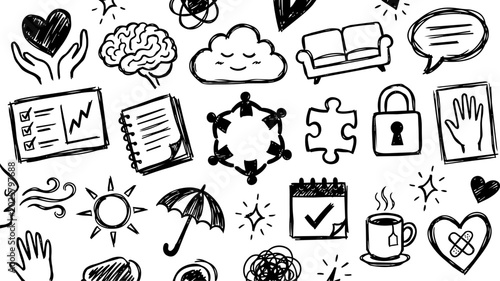 Foto Mental health support therapy scribble icon set