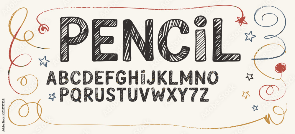 Fototapeta premium Hand drawn childish pencil font, playful alphabet kid scribbles with crayon texture. Grunge bold pen letters and numbers doodles, cute vector scrawled abc font for school and kindergarten
