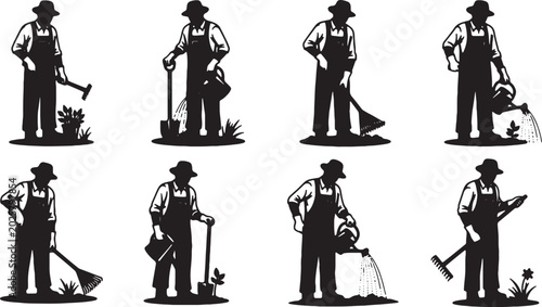 Foto Farmer silhouettes engaged in various agricultural tasks with tools gardener agr