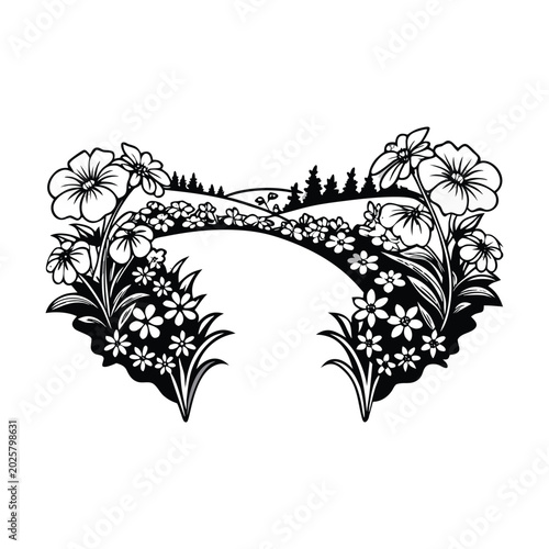 Floral arch, black and white, vector illustration, decorative border, flowers and trees