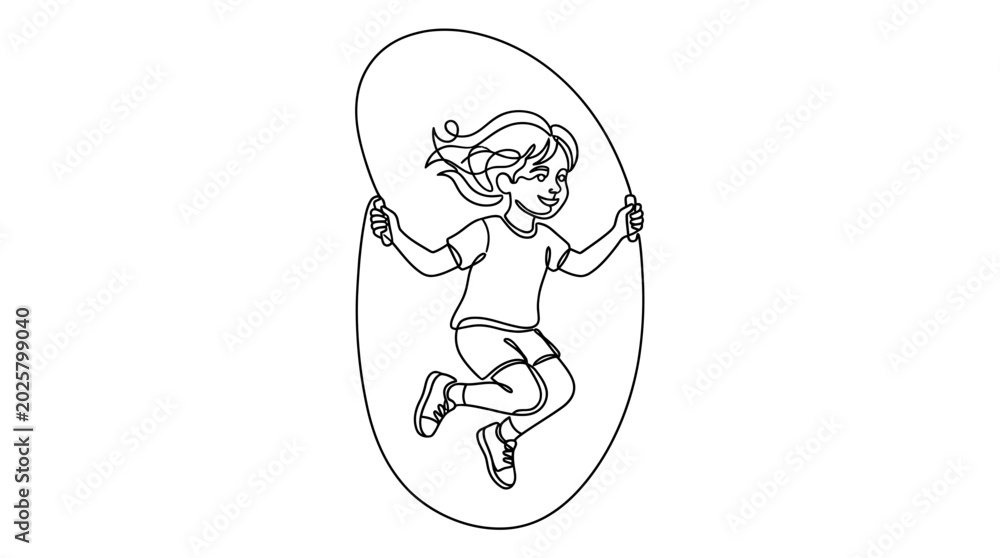 Obraz premium Little girl jumping rope line art illustration.
