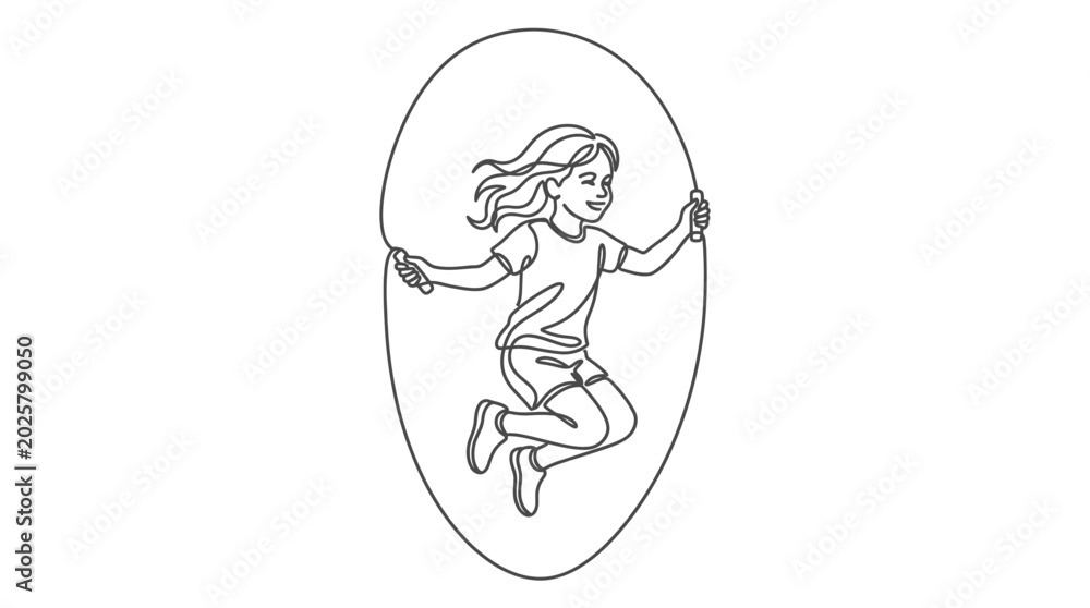 Obraz premium A cute little girl jumping rope line art illustration.