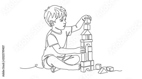 Canvastavla A young boy playing with wooden blocks in a continuous line art style