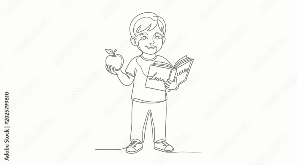 Fototapeta premium Continuous one line drawing of a schoolboy holding an apple and a book.