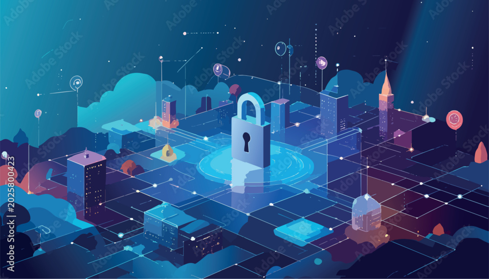 Naklejka premium Digital padlock protecting smart city network infrastructure