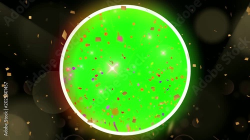 Glowing green orbs with sparkles and confetti on transparent background