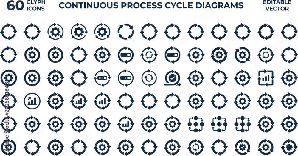 Fototapeta premium Continuous Process Cycle Diagrams Glyph Icons Set for Workflow Automation, Circular Progress, Optimization, and Business Interface Design