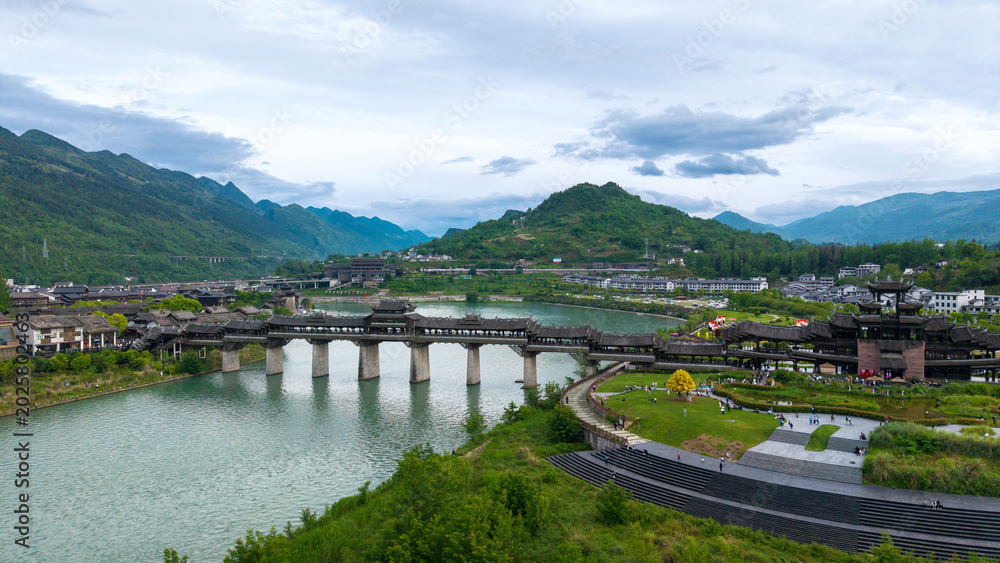 Fototapeta premium Millennium old villages and covered bridges on the river