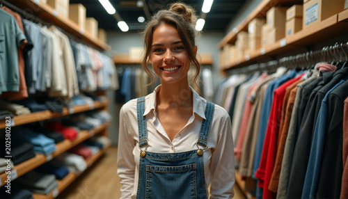 A young woman working in a clothing store