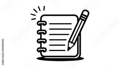 Photos Black outline icon of spiral notebook with lines and pencil, highlighting importance of writing notes