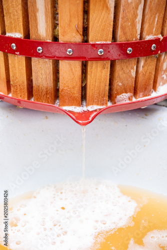 Artisanal wine extraction details shown. Traditional wooden wine press in operation with foam and flowing liquid highlights