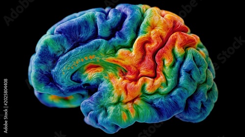 MRI brain scan cross-section showing BOLD signal activation patterns across the left hemisphere language network, vivid heat-map color gradient