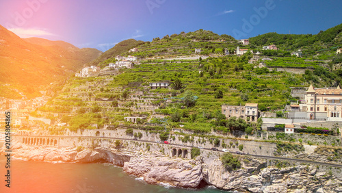 Cuadro en lienzo High altitude aerial shot of Maiori and Minori beach and coastal scenery