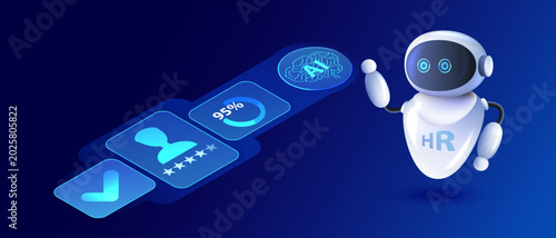 AI HR recruitment workflow concept. Friendly robot assistant analyzing employee candidates. Futuristic hiring and human resources automation vector illustration.