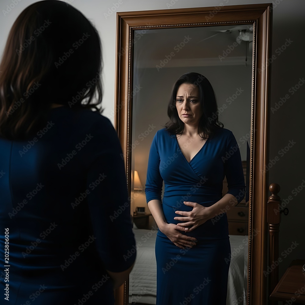 Fototapeta premium Woman Reflecting in Mirror with Hands on Stomach.