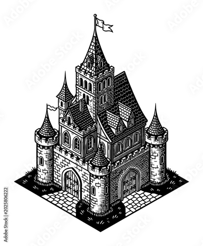 Medieval Castle Isometric Building in Detailed Vintage Black and White Line Art Illustration