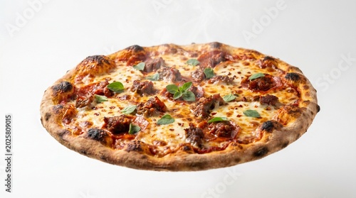 Bild auf Leinwand Delicious Meat Pizza with Melted Cheese Slice Isolated on White Background