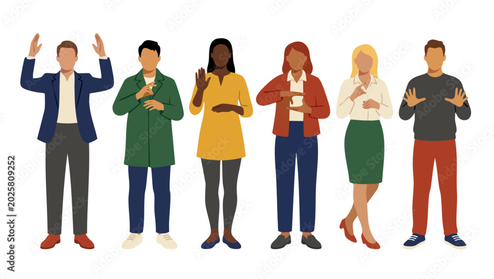 Obraz premium Diverse Group People Using Sign Language Communication Visual Vector Illustration for Inclusion, Accessibility and Deaf Culture Awareness Representing Multiethnic Professional People Discussing Ideas