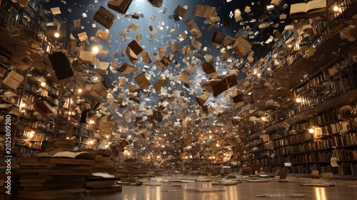 Books are flying through the air in a large library filled with shelves and lights during an unknown moment of chaos