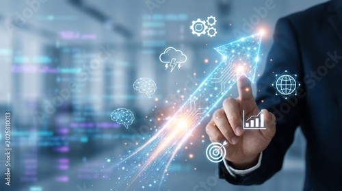 Businessman pointing at glowing financial growth arrow with business icons in futuristic digital interface