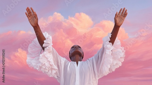 A low-angle, medium shot of a dark-skinned person looking upward with raised arms and open palms, dressed in a white garment with prominent ruffled sleeves against a dramatic pink and violet sunset sk