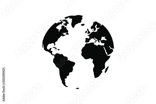 Stylized black and white silhouette of the planet earth, featuring simplified continental shapes in a circular globe format, isolated on a white background, for global and, international concepts