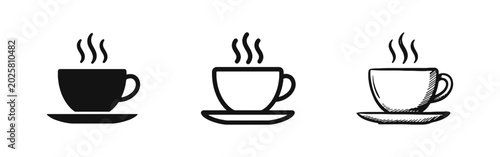 Foto Hot coffee or tea cup icon set with steam and saucer