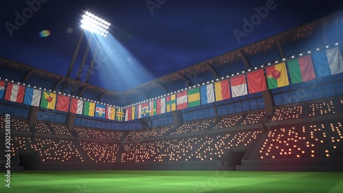 Close-up of Soccer Player Kicking Ball in 3D Stadium with National Flags - 2026 Tournament Concept
