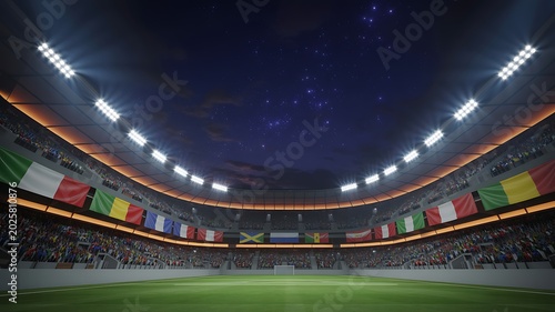 Close-up of Soccer Player Kicking Ball in 3D Stadium with National Flags - 2026 Tournament Concept
