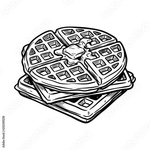 Fotografía A hand-drawn, black and white illustration of a stack of waffles with a melting pat of butter on top