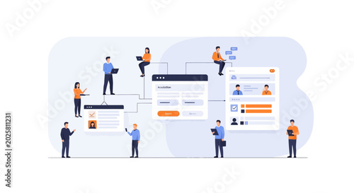 Corporate workflow illustration featuring team members managing digital task boards and project organization.