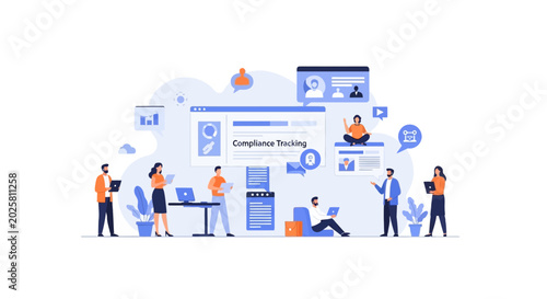 Corporate employees working together in a modern digital office environment.