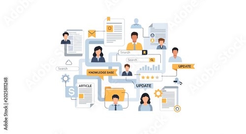 Corporate workflow illustration with team collaboration and project management.