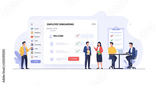 Corporate employees working together on a digital employee evaluation software platform.