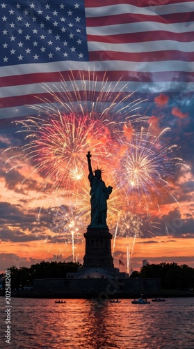 Vibrant celebration of american independence with statue of liberty and fireworks over cityscape for commercial use.