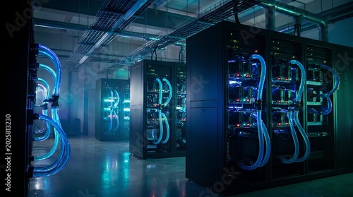 Futuristic dark data center server room featuring glowing blue liquid cooling pipes and illuminated mainframe racks