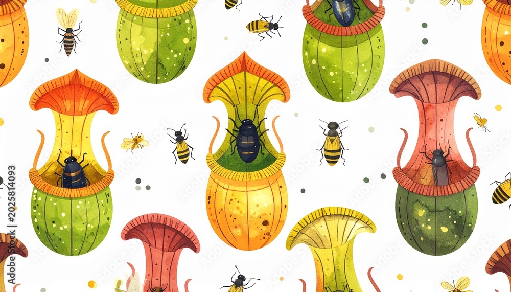 Naklejka premium Whimsical Pitcher Plants with Trapped Insects Seamless Pattern Illustration on White Background