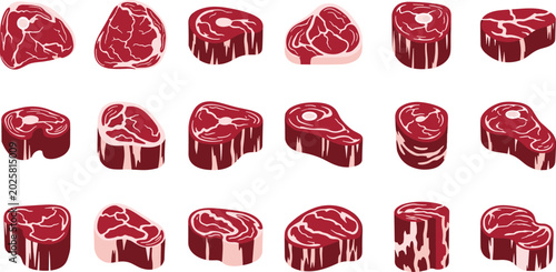 Tableau sur toile Flat vector illustration bundle featuring various raw beef steaks sirloin medall