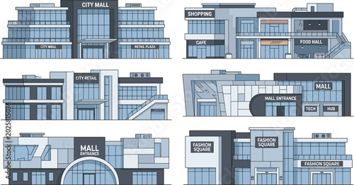 Modern shopping mall building vector facade set with retail plaza, store fronts and commercial architecture