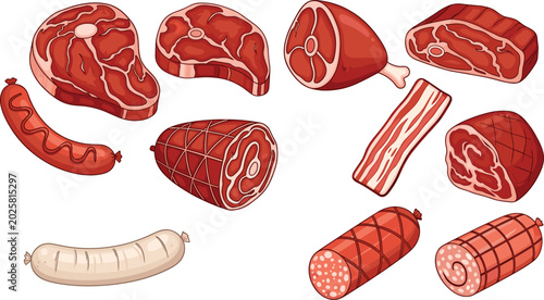 Schilderij op canvas Flat vector illustration collection of butchery products including raw beef stea