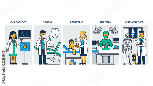Foto Medical specialties set including cardiology, dental, pediatrics, surgery, and orthopedics with doctors