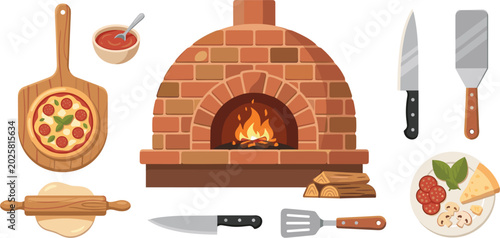 Brick pizza oven vector set with italian pepperoni pizza, dough, peel and cooking equipment ingredients