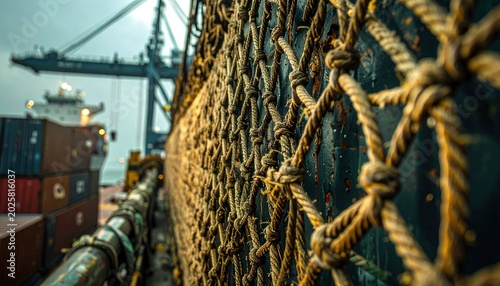 Hemp cargo net with thick ropes securing shipping containers at industrial port dockside