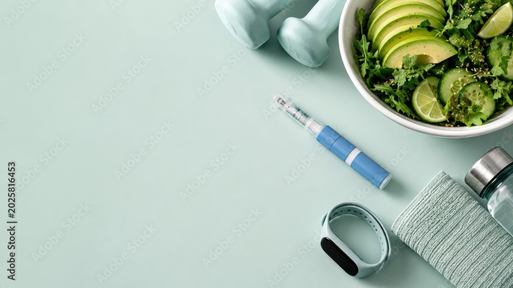 Obraz premium GLP 1 injection pen beside healthy food and fitness accessories on pastel background with large copy space, weight loss wellness website banner.