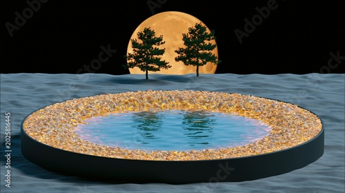 Circular pond surrounded by glowing rocks at night under a full moon. Surreal landscape with trees. Minimalist nature scene for relaxation and meditation concept. Dreamy atmosphere.
