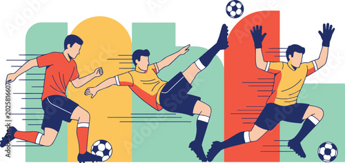 Three soccer players in action running and kicking a ball in a match style vector illustration