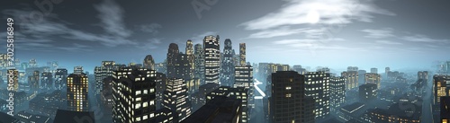 Beautiful night city, evening city panorama, night skyscrapers, city panorama, 3D rendering