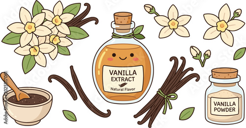 Cute vanilla extract vector element set with orchid flowers, beans, powder and baking ingredients
