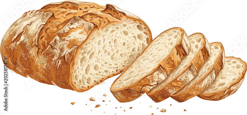 Sourdough bread vector illustration with rustic sliced loaf, crumbs and crusty homemade bakery concept