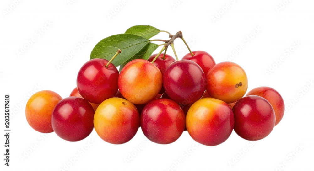 Obraz premium A cluster of fresh, ripe cherry plums with gradient red and yellow skins and green leaves isolated on a solid black background